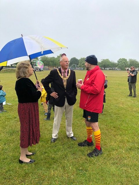 The Mayor and Mayoress, Councillor Mark Ashton and Barbara Ashton, with Gary Buck, Cambridge Rugby Club, Trumpington Jubilee picnic. Photo: Emma Buck, 5 June 2022.