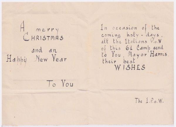 Christmas card from the Italian PoWs at Camp 61 to Major Harris, Christmas 1944. Source: Ian Hollingsbee.