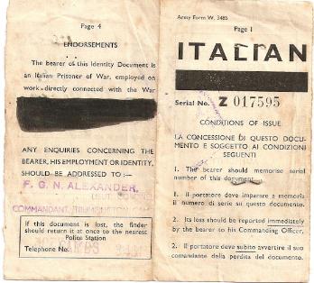 Giuseppe Pellicciari's Identity Document, Serial number Z017595, Prisoner T173336, issued 14 May 1944, obverse. Source: Andrea Sabattini, 2015.