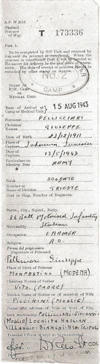 Giuseppe Pellicciari's Prisoner of War Index Card, Prisoner T173336, issued on date of arrival in Camp, 15 August 1943, with information about the prisoner, stamped 'Commandant, No. 2 Prisoners of War Camp'. Source: Andrea Sabattini, 2015.