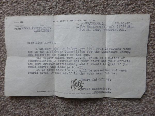 Official confirmation of Nora Rivett's NAAFI Unit winning the Efficiency Competition, 28 October 1943. Source: Michael Neale.