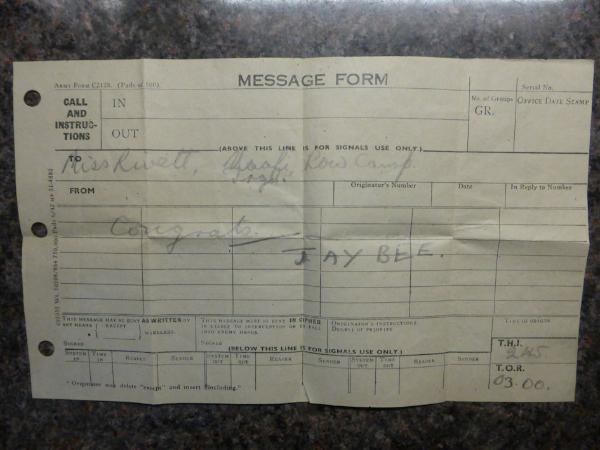 Message form with 'Congratulations' to Miss Rivett, presumably on winning the competition in 1943. Source: Michael Neale