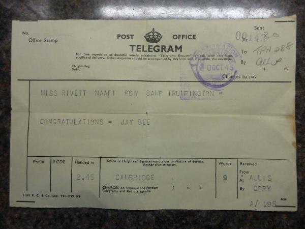 Telegram with 'Congratulations' to Miss Rivett on winning the competition, 3 October 1943. Source: Michael Neale.