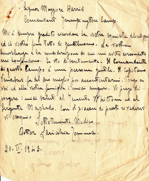Letter from Laricchia Tommaso to Major Harris, 20 Feb 1943. Source Ian Hollingsbee.