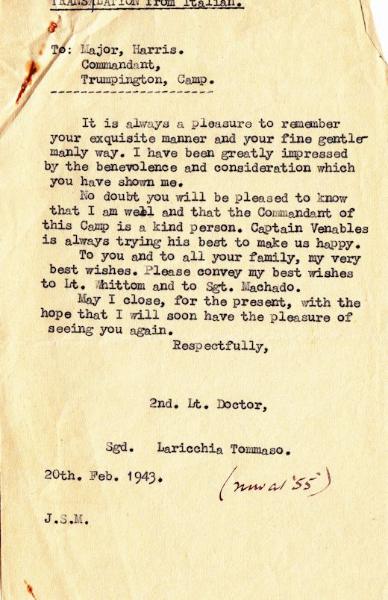 Translation of letter from Laricchia Tommaso to Major Harris, 20 Feb 1943. Source: Ian Hollingsbee.