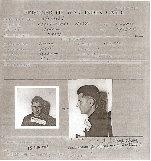 Walter Pellicciari's Prisoner of War Index Card, Prisoner T173337, issued 15 August 1943, stamped 'Lieut. Colonel, Commandant, No. 2 Prisoners of War Camp'. Source: Andrea Sabattini, 2015.