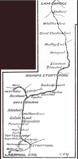 Map of Northern & Eastern Railway from Stratford (London) to Cambridge, courtesy Railway Magazine. Source: Edmund Brookes.