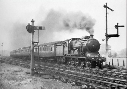 Up Liverpool Street Express passing Trumpington Box hauled by B12 Class 4-6-0. Source: Edmund Brookes.