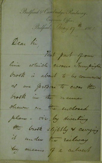 Letter to Mr Foster, 17 May 1861, advising that the Bedford & Cambridge Railway was about to enter his land to build the trackbed. Source: Edmund Brookes.