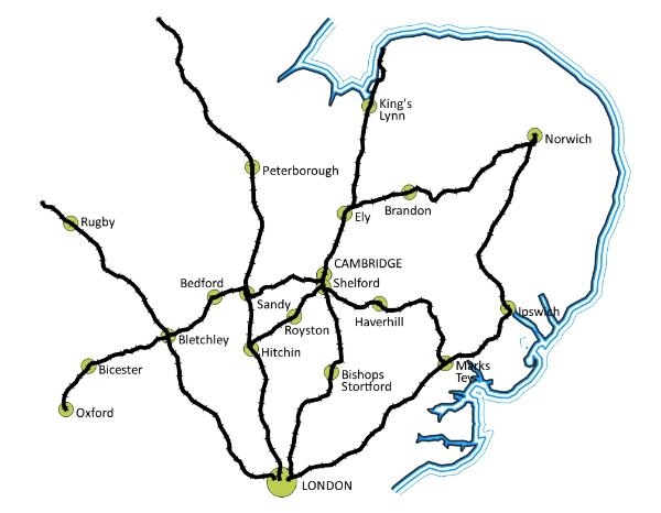 Railway routes to and from Cambridge. Howard Slatter, November 2019.