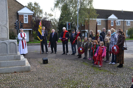Rev. Andy Chrich and others gathering at the War Memorial, Remembrance Sunday, 9 November 2014.