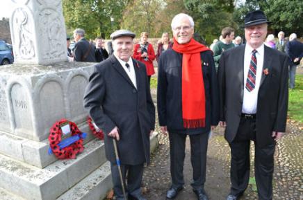 Neville Creek, Tony Creek and Brian Creek after laying a wreath in memory of their father, Lieutenant Jack Creek, Trumpington War Memorial, Remembrance Sunday, 9 November 2014.