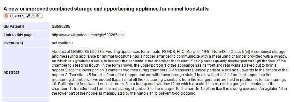 Summary of the patent for and animal food appliance, issued to Herbert Clifford Roads, 1945.
