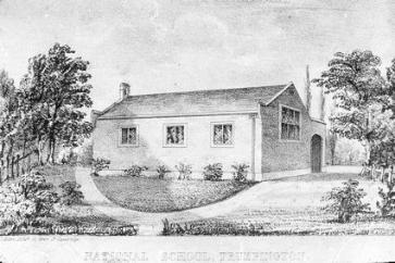 Print of the National School, built 1843. William and Ann King Bridges, Church Street, were the Schoolmaster and Schoolmistress in 1851. Photograph used by Percy Robinson in the 1920s-1940s.