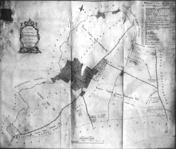 The enclosure map of Trumpington with field names, 1804. From a photograph used by Percy Robinson during lectures in the 1920s-1940s.