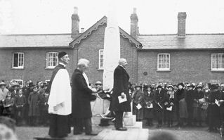 The unveiling of the War Memorial, December 1921. From a photograph used by Percy Robinson during lectures in the 1920s-1940s.