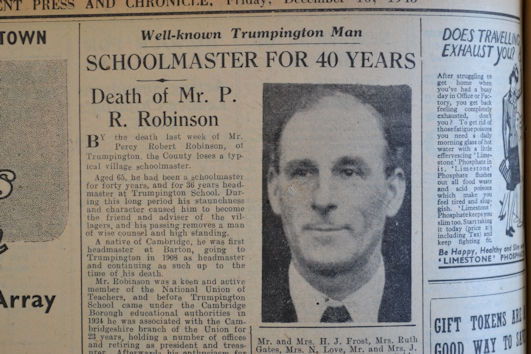 Obituary of Percy Robinson. Independent Press and Chronicle, 10 December 1943, p. 14. Cambridgeshire Collection.