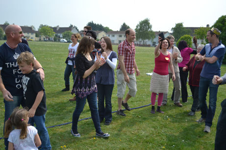The winning team in the adult tug-of-war during the Royal Wedding celebration at Trumpington Pavilion. Photo: Andrew Roberts, 29 April 2011.