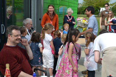 Juliet Mather presenting the first prize of the raffle, Royal Wedding celebration at Trumpington Pavilion. Photo: Andrew Roberts, 29 April 2011.