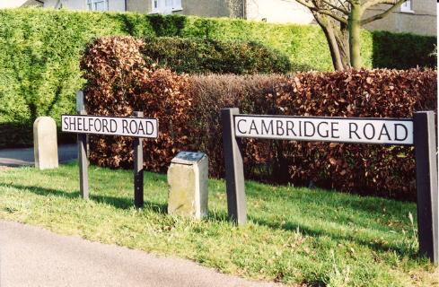 Cambridge Road and Shelford Road signs, memorial plaque to the Coronation and boundary stone, at the boundary between Trumpington and Great Shelford, east side of Shelford Road. Photo: Andrew Roberts, 26 January 2008.