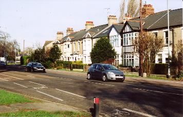Looking across the earliest houses in Shelford Road, number 3-17, to the junction with Trumpington High Street, from the west side of the road. Photo: Andrew Roberts, 26 January 2008.