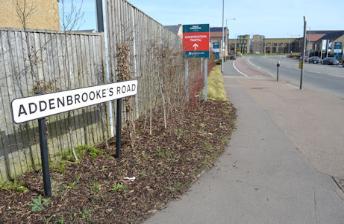 The Addenbrooke's Road sign at the Shelford Road junction. Photo: Andrew Roberts, 13 March 2017.