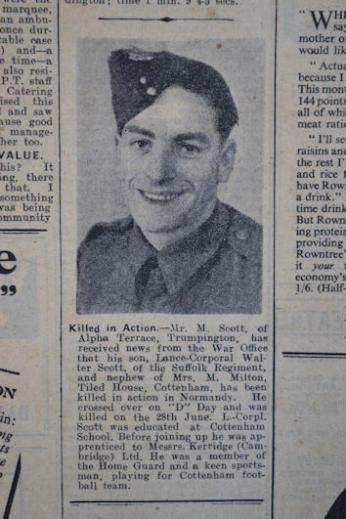 Walter Mostyn Scott. Independent Press and Chronicle, 11 August 1944, p. 11. Cambridgeshire Collection.