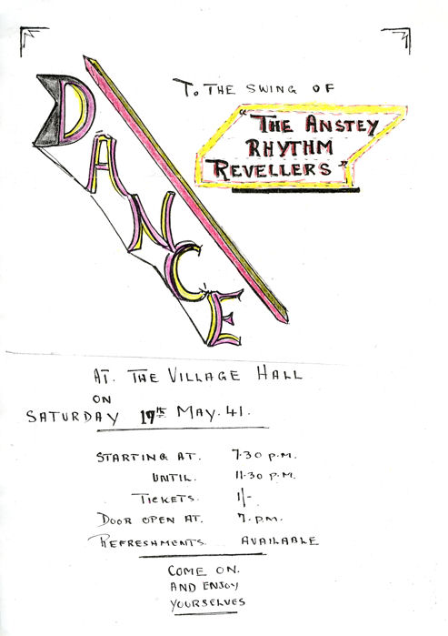 Poster for dance in the Village Hall, Percy Seeby, 19 May 1941. Source: Percy Seeby.