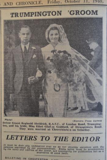 Marriage of Ernest Reginald Sheldrick. Independent Press and Chronicle, 11 October 1940, p. 2. Cambridgeshire Collection.