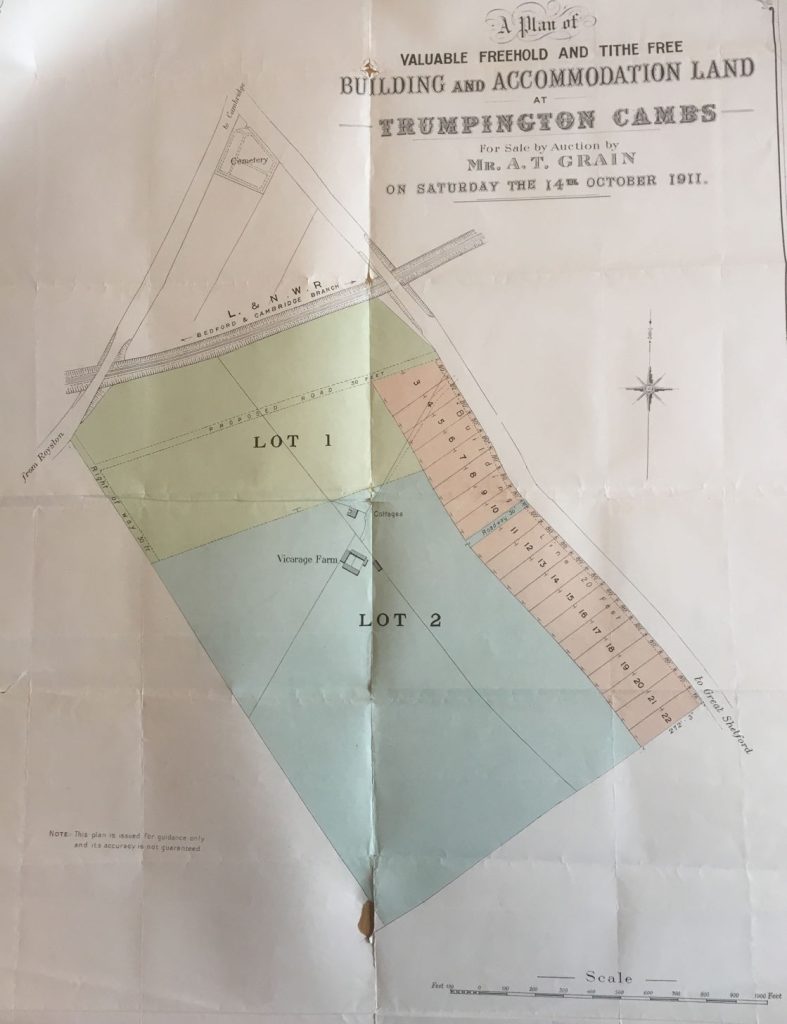 Plan of building and accommodation land at Trumpington, for sale by auction 14 October 1911 (Shelford Road to the south of the railway). Source: Peter Cutmore, 2022.