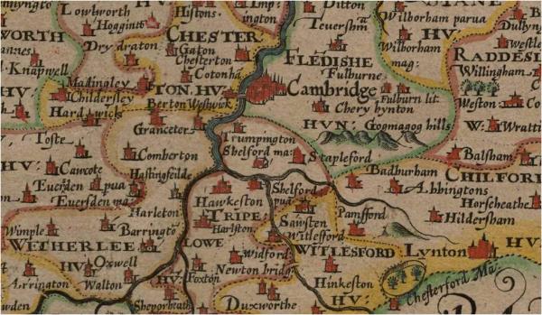 Speed Map of Cambridgeshire, c. 1610: detail of the Cambridge area, with Trumpington named. Source: Howard Slatter.