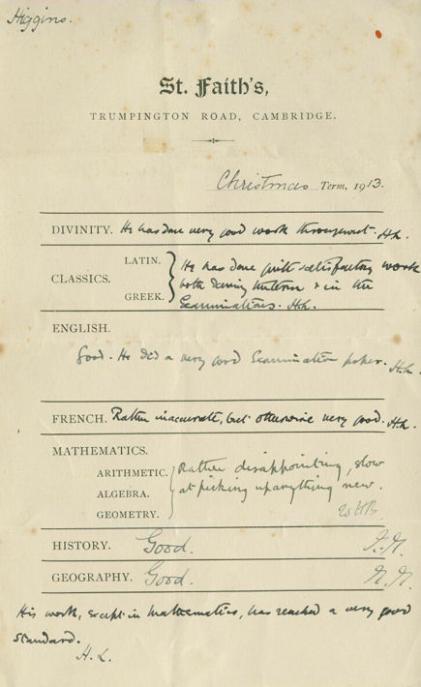 St Faith’s School Report from 1913.