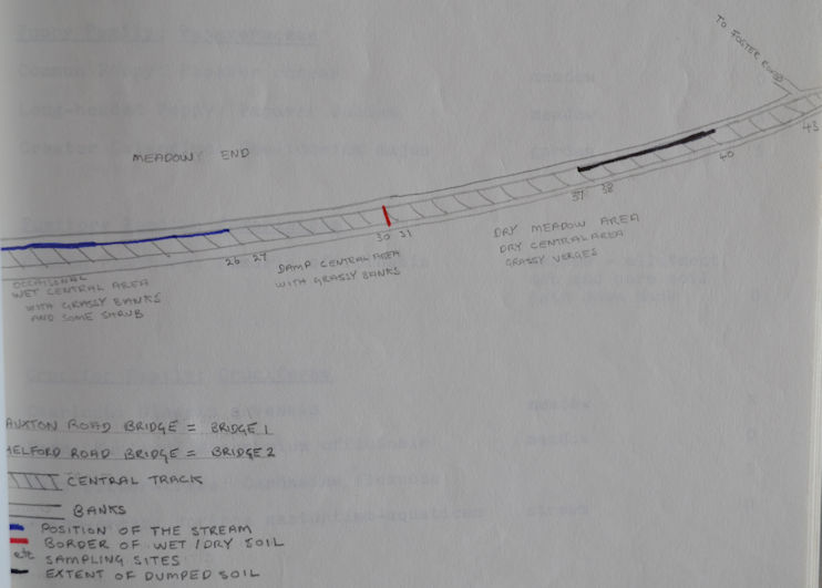 Figure 2b. Diagram of the railway line using a British Rail map to show the track and verges. Pam Stacey, 1985.