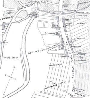 Plan of Cambridge: outside Trumpington Gates, c. 1270. From Stokes, H.P. (1908). Outside the Trumpington Gates Before Peterhouse was Founded. Cambridge: Cambridgeshire Antiquarian Society.