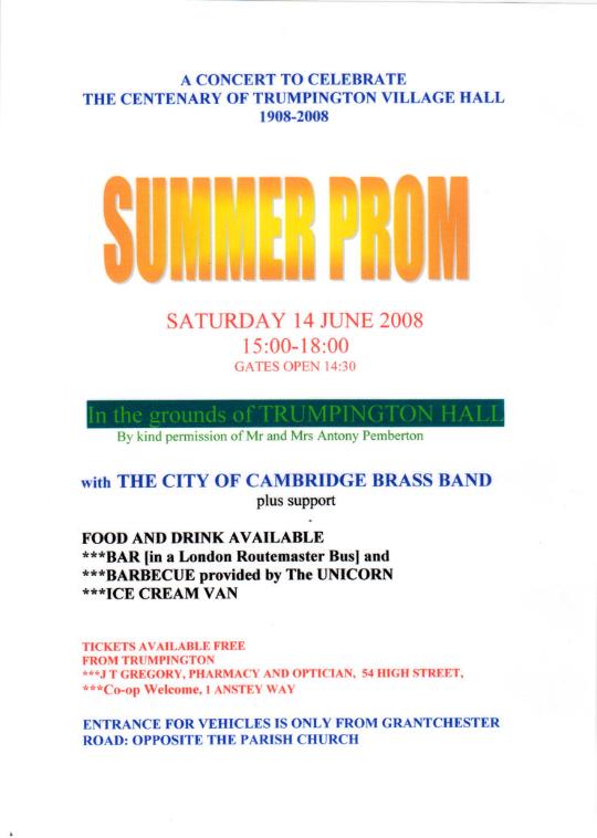 Poster for Summer Prom to celebrate the centenary of Trumpington Village Hall, 14 June 2008.