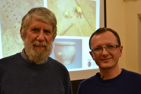Howard Slatter and Tom Phillips, Trumpington Local History Group meeting about local archaeology. Photo: Andrew Roberts, 26 March 2015.