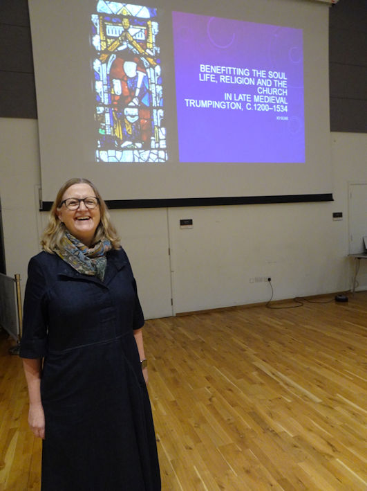 Dr Joanne Sear speaking about ‘Life, Religion and the Church in Late Medieval Trumpington’ at the Local History Group meeting. Photo: Andrew Roberts, 16 November 2023.