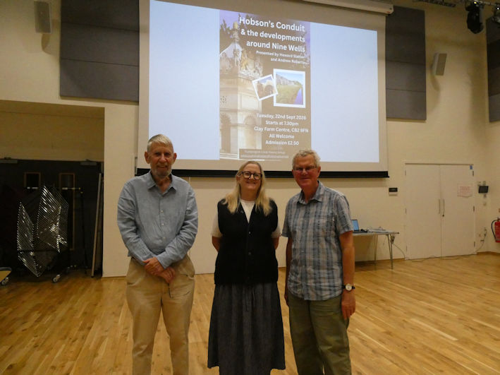 Chair and speakers at the Local History Group Hobson’s Conduits meeting: Howard Slatter, Jo Sear and Andrew Roberts. Photo: Wendy Roberts, 22 September 2026.