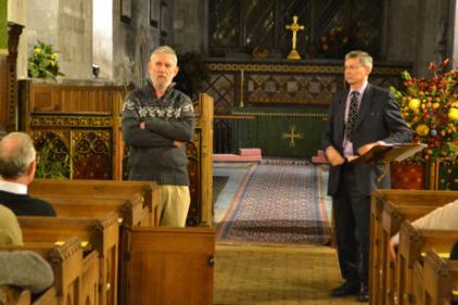 Howard Slatter introducing the speaker, Edmund Brookes, during a Local History Group meeting in Trumpington Church. Photo: Andrew Roberts, 13 October 2011.