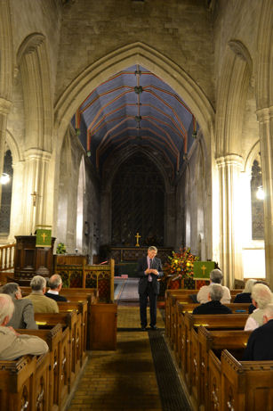 Edmund Brookes speaking about the church history at the Local History meeting in Trumpington Church, 13 October 2011. Photo: Andrew Roberts.