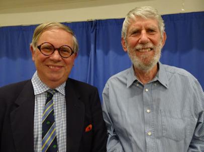 Adam Barker and Howard Slatter at the Local History Group meeting about local Mayors, talking about Jean Barker (Baroness Trumpington). Photo: Andrew Roberts, 26 September 2019.