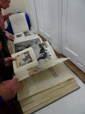 Volumes (scrapbooks) about Jean Barker (Baroness Trumpington), displayed by Adam Barker at the meeting about local Mayors. Photo: Andrew Roberts, 26 September 2019.
