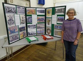 Wendy Roberts with the display about the history of Trumpington Tornadoes, at the Local History Group meeting about local Mayors. Photo: Andrew Roberts, 26 September 2019.
