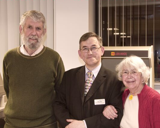 Local History Group visit to the Cambridgeshire Collection, 25 March 2010: Howard Slatter, Chris Jakes and Shirley Brown. Photo: Stephen Brown.