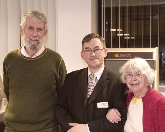 Local History Group visit to the Cambridgeshire Collection: Howard Slatter, Chris Jakes and Shirley Brown. Photo: Stephen Brown, 25 March 2010.