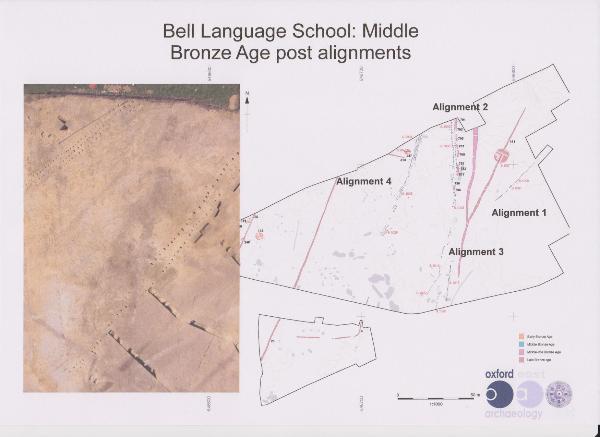 Bronze Age post hole alignments on the Bell School site. Oxford Archaeology East.