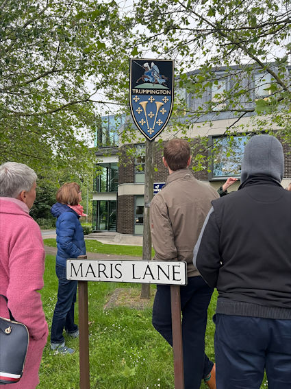 Group at Trumpington Village Sign, Local History Group walk, 1 June 2023. Photo: Janelle Robbins.