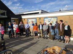 Gathering at Trumpington Pavilion for a Local History Group walk. Photo: Andrew Roberts, 15 June 2017.