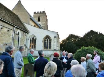 Andrew Roberts talking to participants at the Church, Trumpington Local History Group walk. Martin Jones, 10 September 2015.