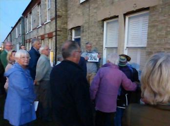 Howard Slatter talking to participants in Alpha Terrace, Trumpington Local History Group walk. Photo: Martin Jones, 10 September 2015.